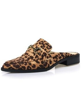 🌹New🌹 Women's Faux Fur Leopard Chain Detail Comfortable Slip on Mules